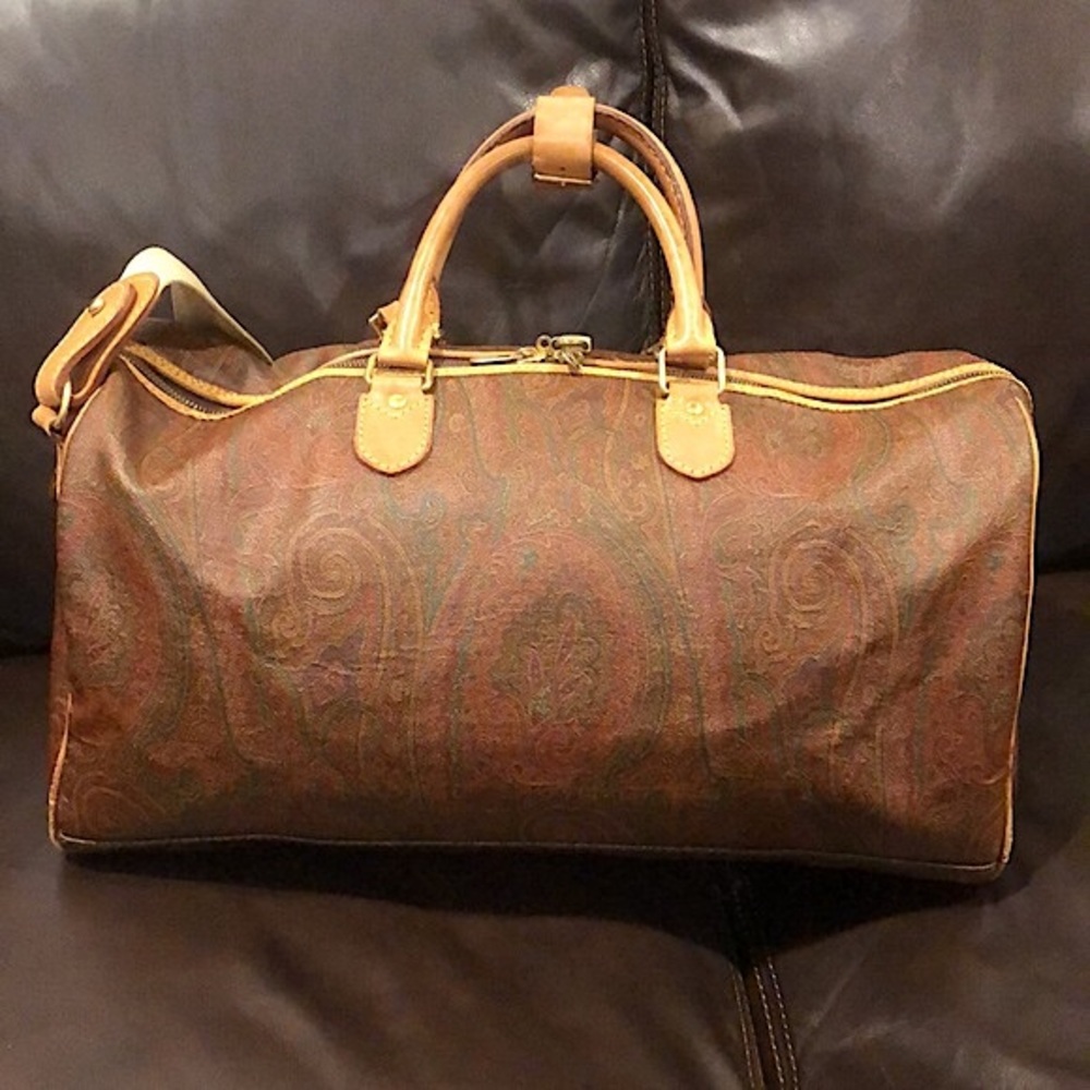 ETRO MILANO Paisley Coated Canvas Vachetta Leather Boston Shoulder Weekend Bag - Picture 3 of 16